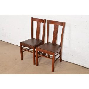 Limbert Style Antique Mission Oak Arts & Crafts T-Back Side Chairs or Dining Chairs, Pair