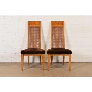 Milo Baughman Style Mid-Century Modern Burl Wood and Cane High Back Dining Chairs by Lane, Pair