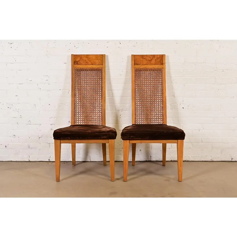Milo Baughman Style Mid-Century Modern Burl Wood and Cane High Back Dining Chairs by Lane, Pair