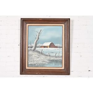 Original Artist Signed "Barn in Snowfall" Oil Painting on Canvas in Carved Wood Frame