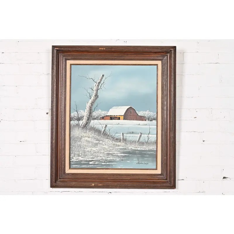 Original Artist Signed "Barn in Snowfall" Oil Painting on Canvas in Carved Wood Frame