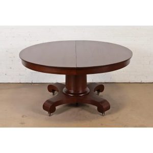 R. J. Horner Style Antique American Empire Monumental Carved Mahogany Pedestal Extension Dining Table, Newly Refinished