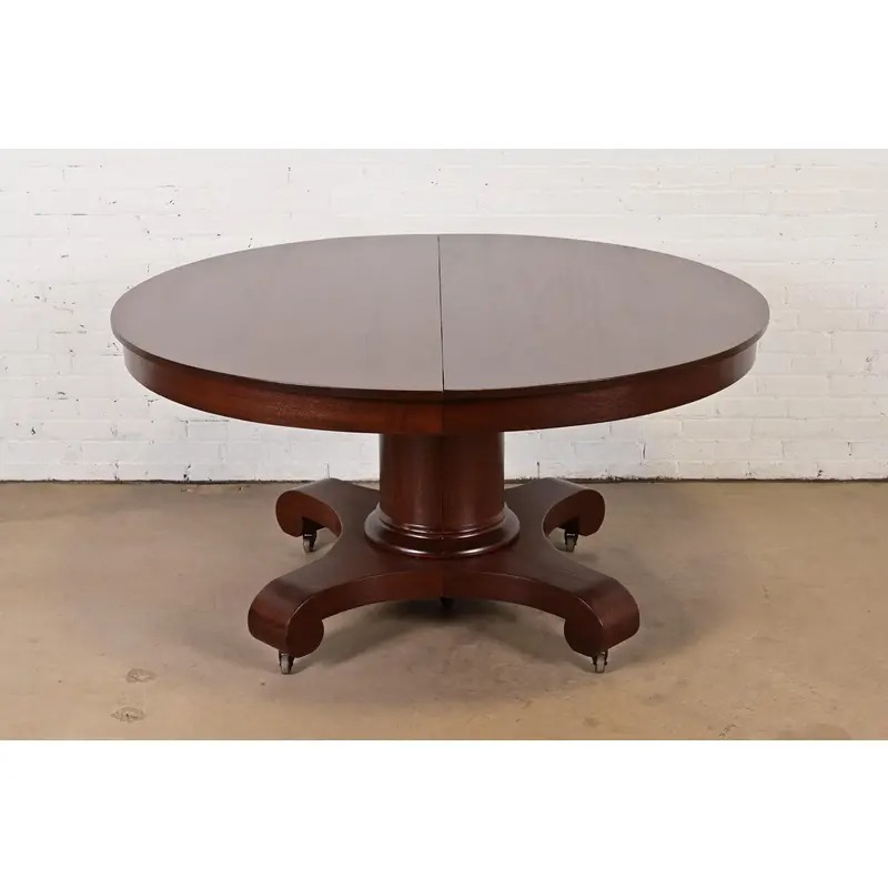 R. J. Horner Style Antique American Empire Monumental Carved Mahogany Pedestal Extension Dining Table, Newly Refinished