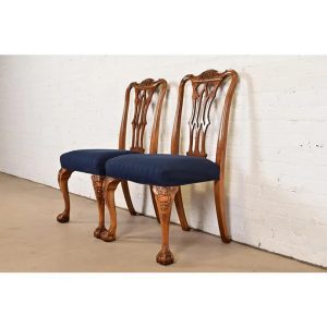 Romweber Chippendale Carved Walnut and Burl Wood Side Chairs or Dining Chairs, Pair