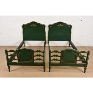 Stickley Brothers Antique Early American Country Cottage Green Lacquered Floral Painted Twin Beds, Circa 1920s