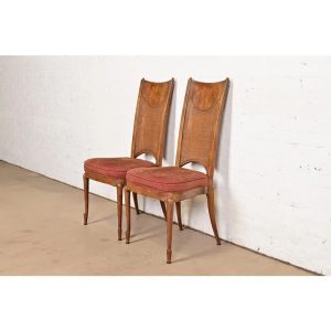 William Doezema for Mastercraft Mid-Century Modern Hollywood Regency Burl Wood and Cane Back Side Chairs or Dining Chairs, Pair