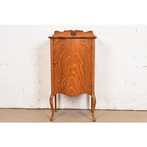 Antique Victorian Carved Tiger Oak Music Cabinet, Circa 1900