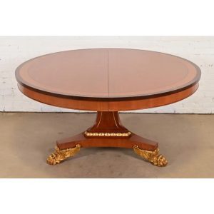 Baker Furniture Regency Cherry Wood and Parcel Gilt Paw Foot Pedestal Extension Dining Table, Newly Refinished