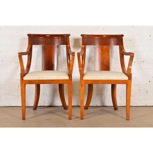 Baker Furniture Regency Solid Cherry Wood Armchairs, Pair