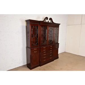 Baker Furniture Style English Georgian Carved Mahogany Breakfront Bookcase Cabinet With Drop Front Secretary Desk