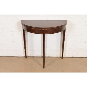 Baker Furniture Style Federal Inlaid Mahogany Flip Top Demilune Console Game Table
