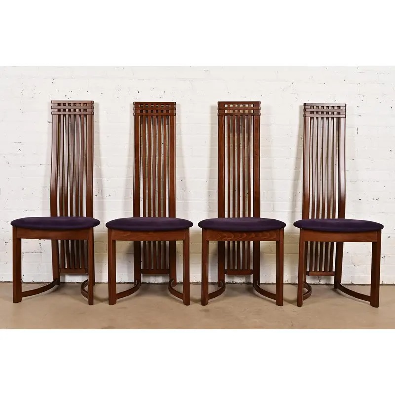 Frank Lloyd Wright Style Arts & Crafts High Back Dining Chairs, Set of Four