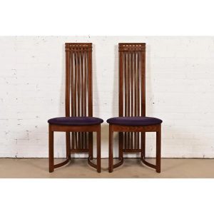 Frank Lloyd Wright Style Arts & Crafts High Back Side Chairs or Dining Chairs, Pair