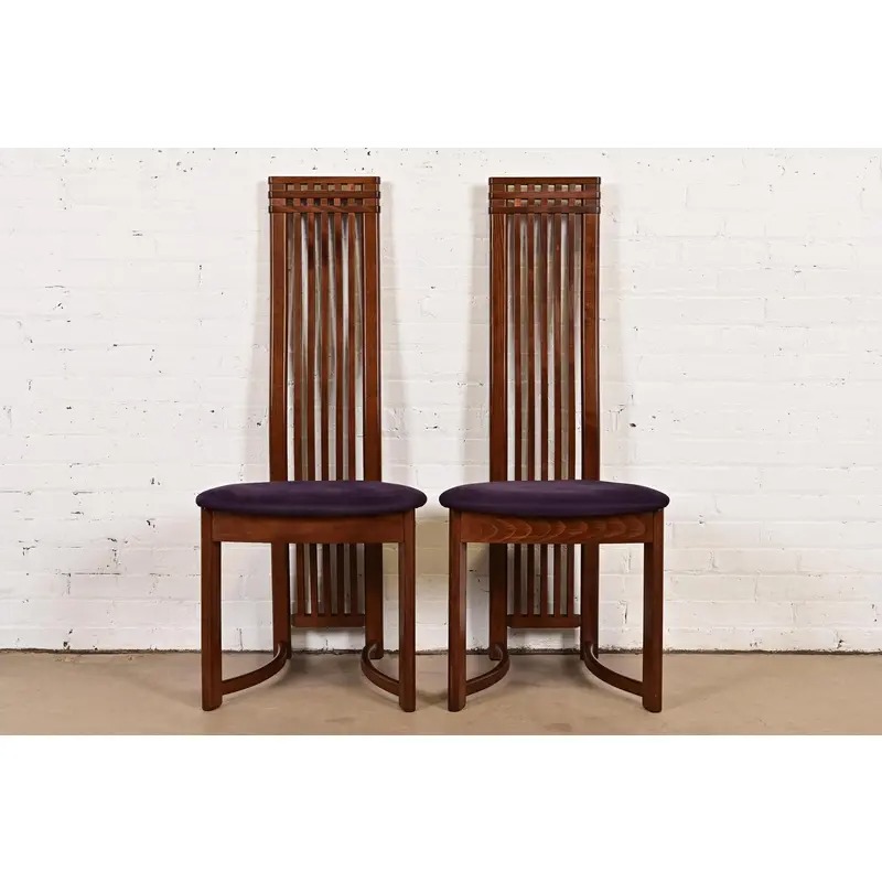 Frank Lloyd Wright Style Arts & Crafts High Back Side Chairs or Dining Chairs, Pair