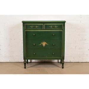 Stickley Brothers Antique Early American Country Cottage Green Lacquered Floral Painted Dresser, Circa 1920s