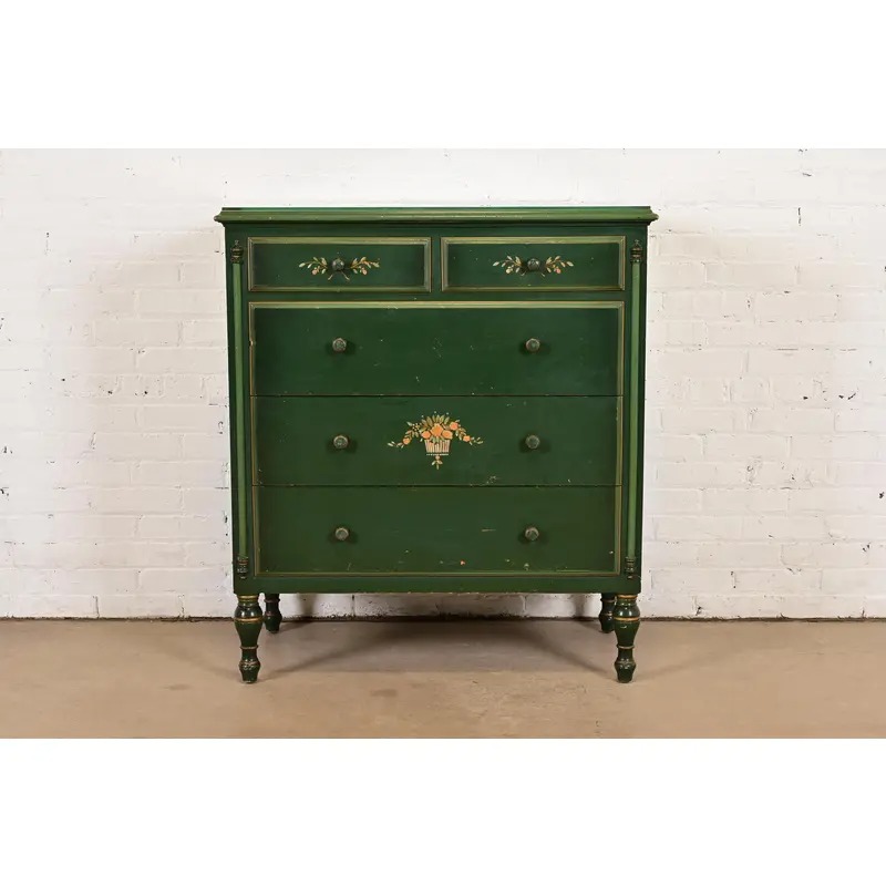 Stickley Brothers Antique Early American Country Cottage Green Lacquered Floral Painted Dresser, Circa 1920s