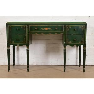 Stickley Brothers Antique Early American Country Cottage Green Lacquered Floral Painted Vanity, Circa 1920s