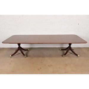 Baker Furniture Georgian Banded Mahogany Double Pedestal Extension Dining Table, Newly Refinished