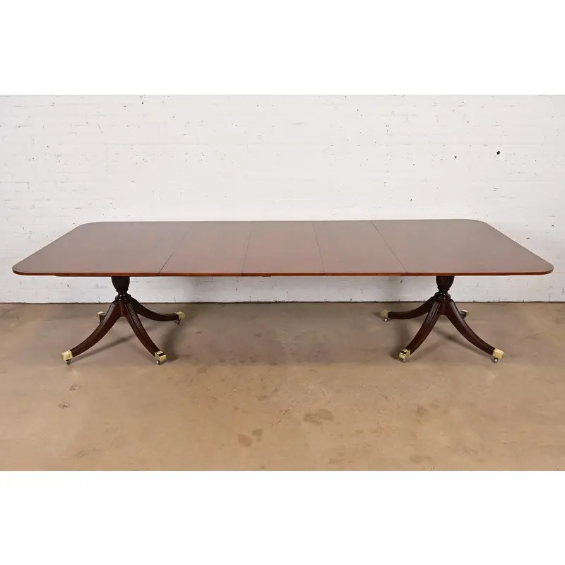 Baker Furniture Georgian Banded Mahogany Double Pedestal Extension Dining Table, Newly Refinished