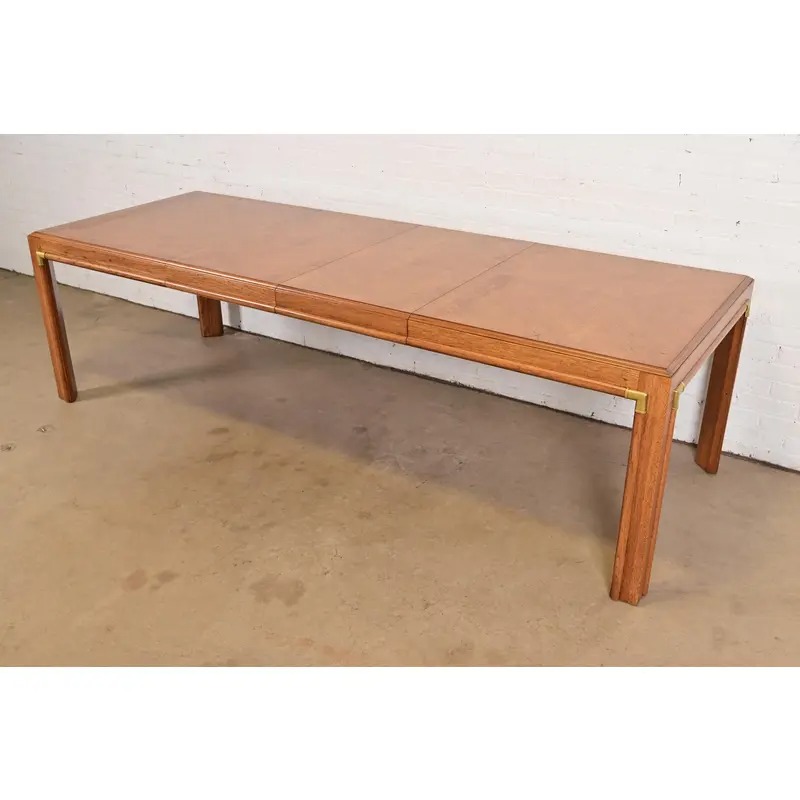 Drexel Heritage Mid-Century Hollywood Regency Campaign Walnut Extension Dining Table, Newly Refinished