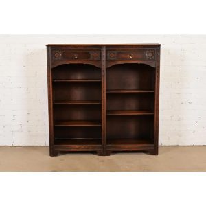 Lifetime Antique Arts & Crafts Carved Oak Double Bookcase, Circa 1900
