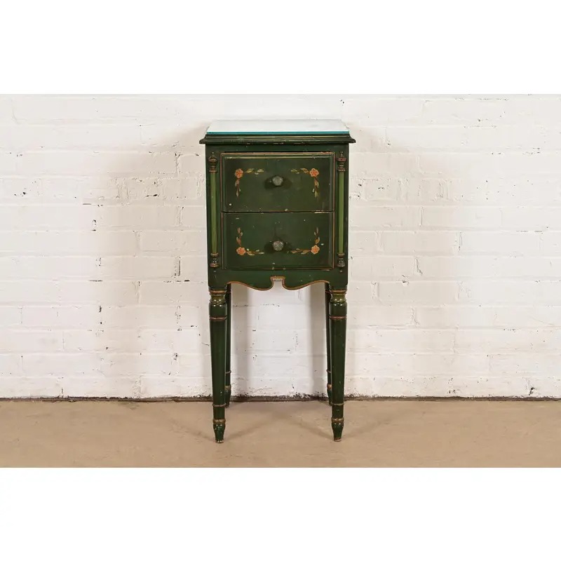 Stickley Brothers Antique Early American Country Cottage Green Lacquered Floral Painted Nightstand, Circa 1920s
