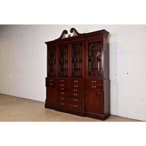 Baker Furniture Style English Georgian Carved Mahogany Breakfront Bookcase Cabinet With Drop Front Secretary Desk