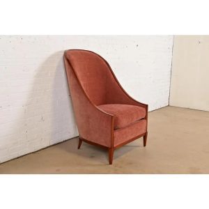 John Widdicomb Modern Art Deco Cherry Wood High Back Upholstered Tub Chair or Slipper Chair