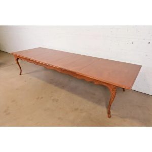 Baker Furniture Italian Provincial Carved Cherry and Burl Wood Extension Dining Table, Newly Refinished