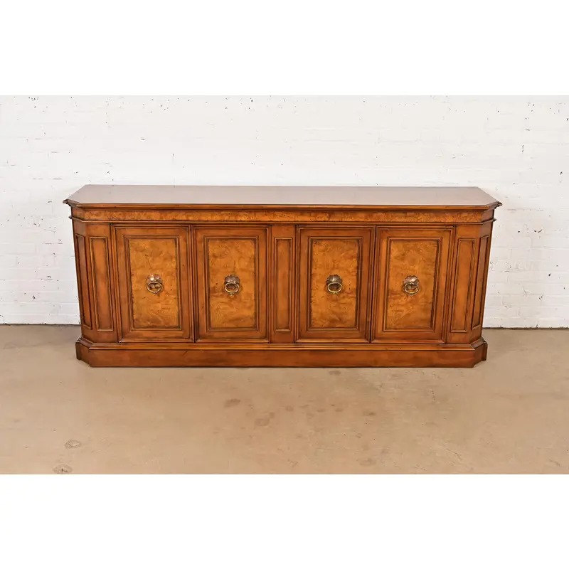 Baker Furniture French Regency Louis XVI Carved Cherry and Burl Wood Sideboard or Bar Cabinet, Circa 1960s - Image 2