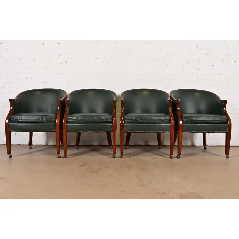 Baker Furniture Regency Carved Mahogany Leather Upholstered Lounge Chairs, Set of Four - Image 2