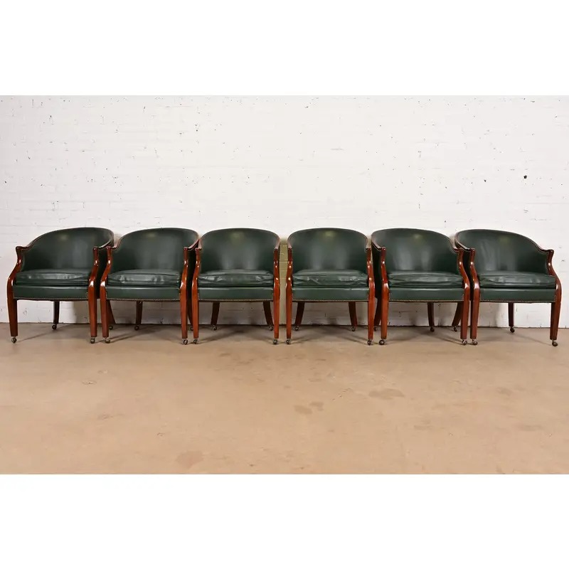 Baker Furniture Regency Carved Mahogany Leather Upholstered Lounge Chairs, Set of Six - Image 2