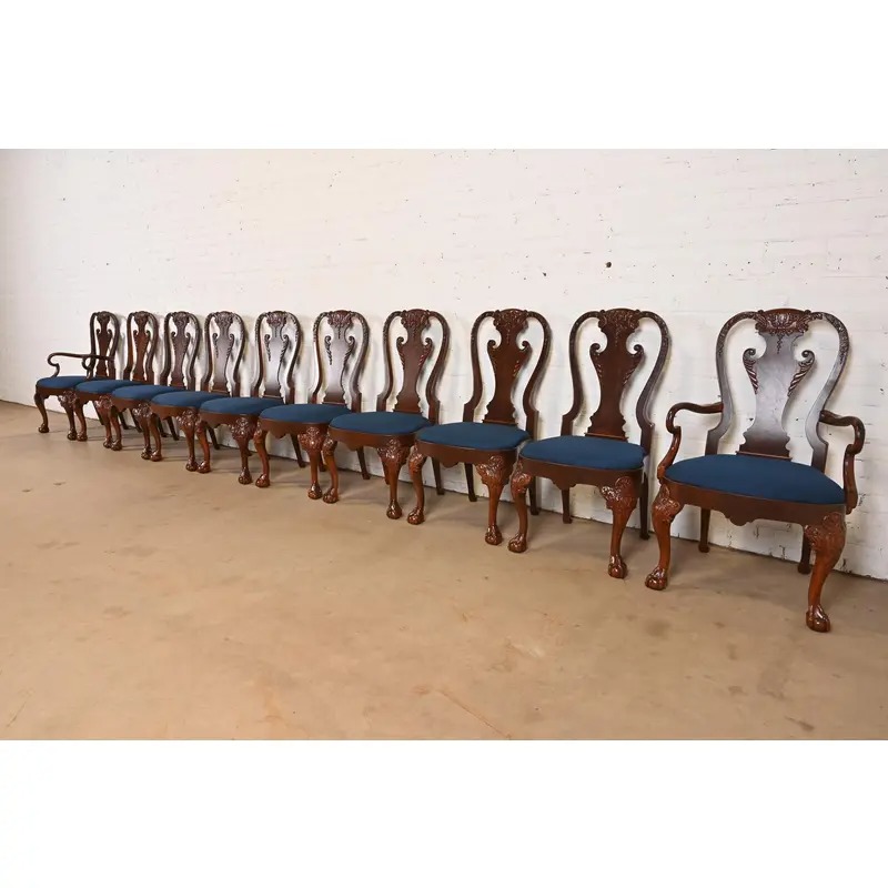 Baker Furniture Stately Homes Georgian Carved Burled Walnut Dining Chairs, Newly Refinished - Image 2