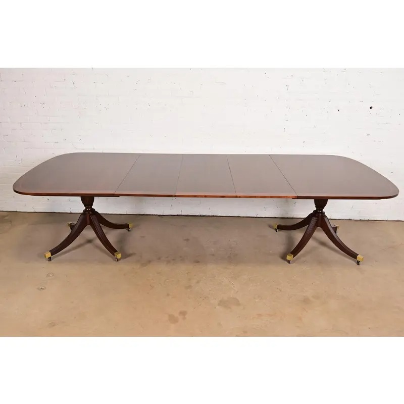 Baker Furniture Style English Georgian Banded Mahogany Double Pedestal Extension Dining Table, Newly Refinished - Image 2