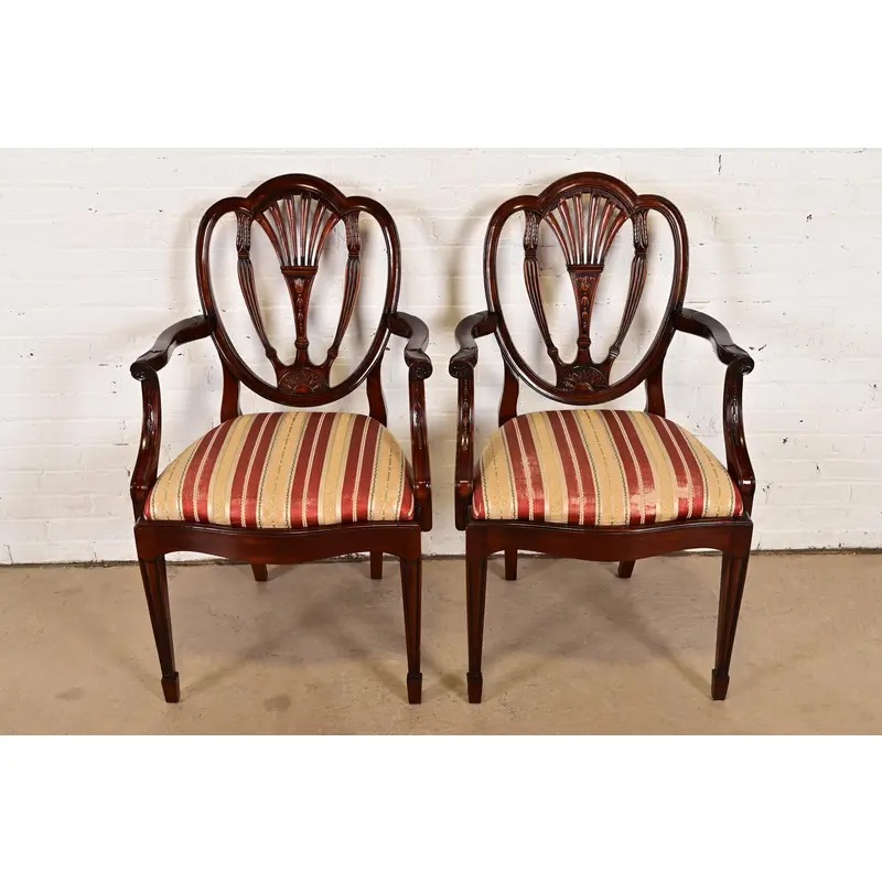 Baker Furniture Style Federal Carved Mahogany Shield Back Armchairs, Pair - Image 2