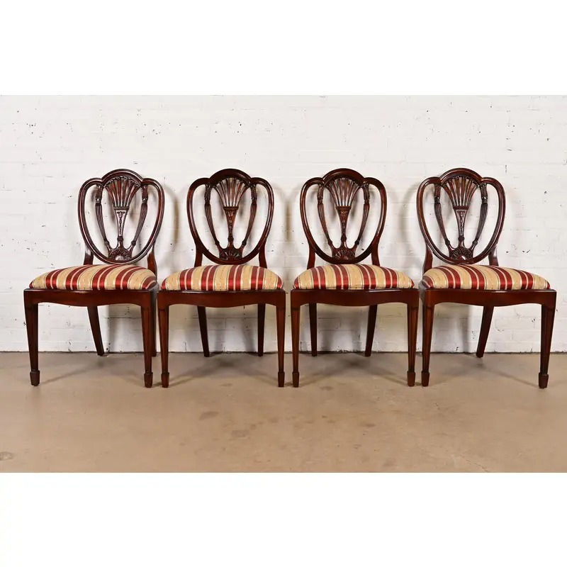 Baker Furniture Style Federal Carved Mahogany Shield Back Dining Chairs, Set of Four - Image 2