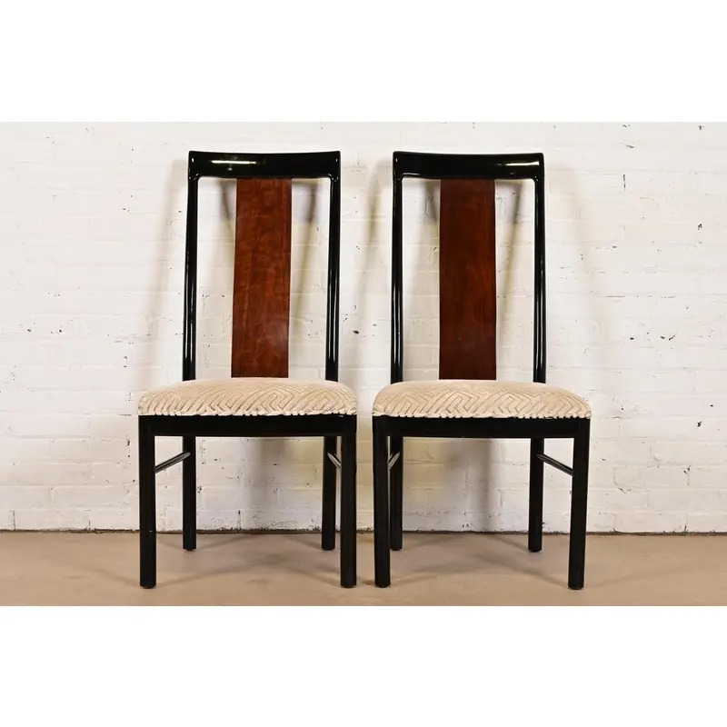 Drexel Heritage Mid-Century Modern Hollywood Regency Black Lacquer and Walnut High Back Dining Chairs, Pair - Image 2