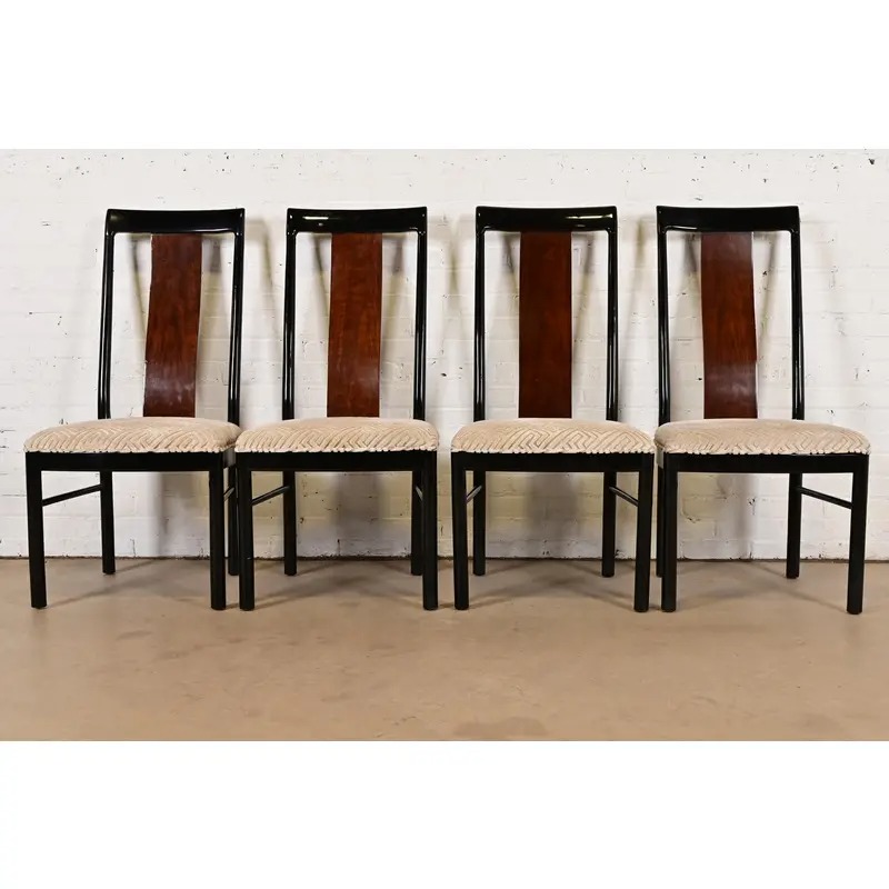Drexel Heritage Mid-Century Modern Hollywood Regency Black Lacquer and Walnut High Back Dining Chairs, Set of Four - Image 2
