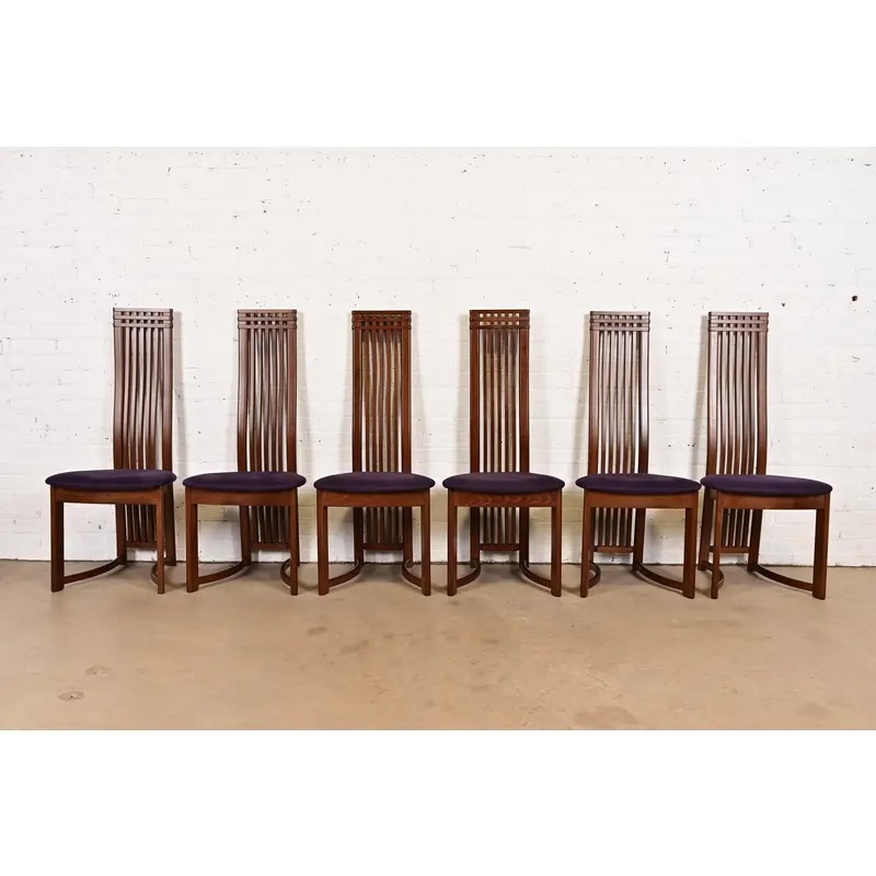 Frank Lloyd Wright Style Arts & Crafts High Back Dining Chairs, Set of Six - Image 2
