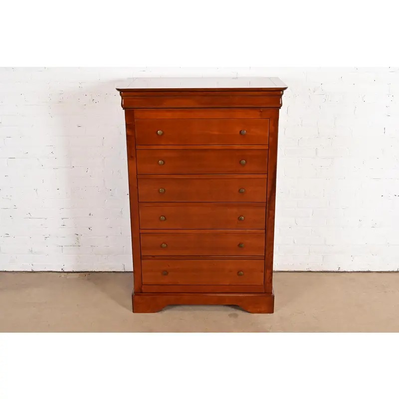 Grange French Louis Philippe Carved Cherry Wood Highboy Dresser or Chest of Drawers - Image 2