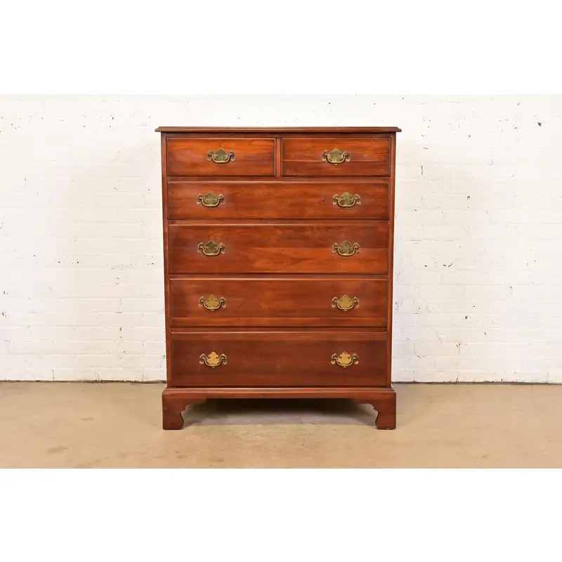 Henkel Harris Georgian Solid Cherry Wood Highboy Dresser, Circa 1960s - Image 2