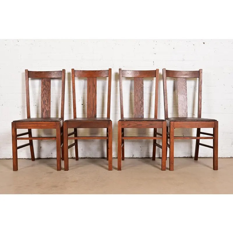 Limbert Style Antique Mission Oak Arts & Crafts T-Back Dining Chairs, Set of Four - Image 2