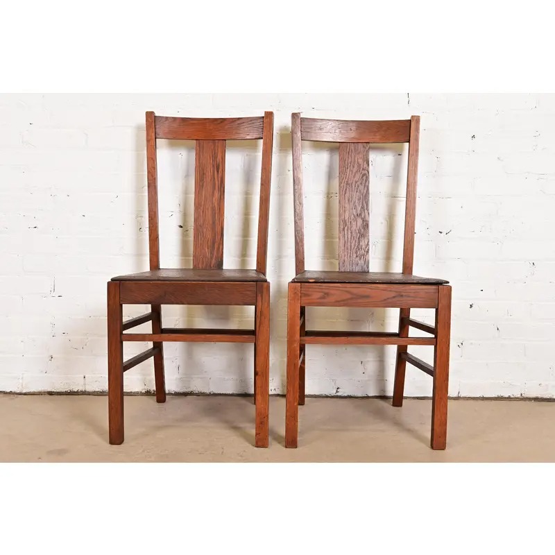 Limbert Style Antique Mission Oak Arts & Crafts T-Back Side Chairs or Dining Chairs, Pair - Image 2