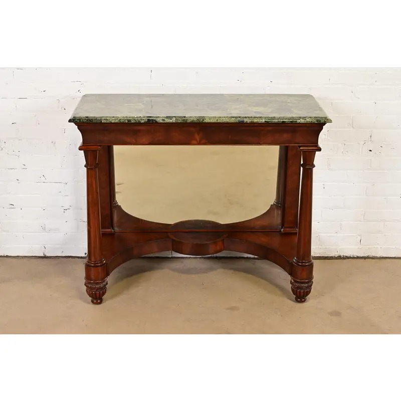 Maitland Smith French Empire of Louis XVI Carved Mahogany Faux Marble Top Console Table With Mirrored Back - Image 2