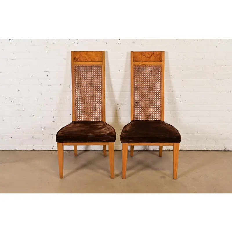 Milo Baughman Style Mid-Century Modern Burl Wood and Cane High Back Dining Chairs by Lane, Pair - Image 2