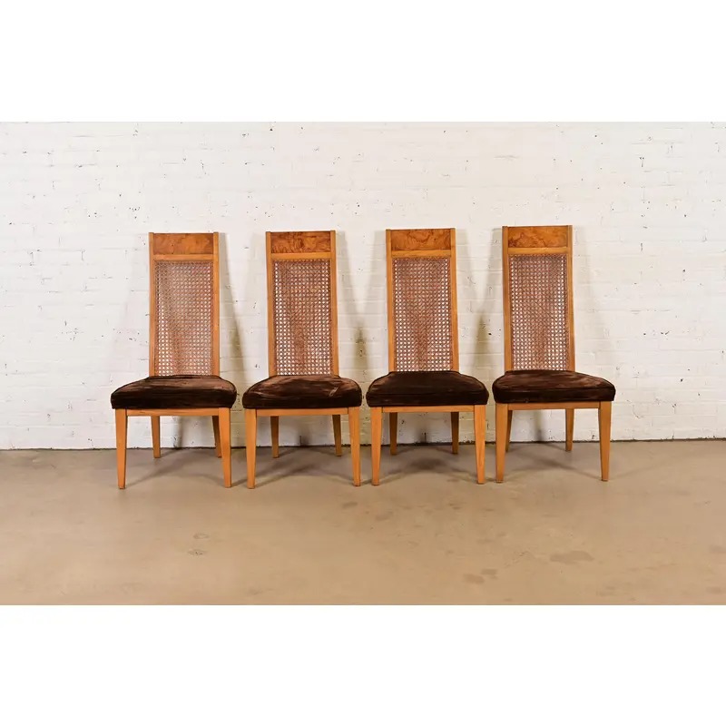 Milo Baughman Style Mid-Century Modern Burl Wood and Cane High Back Dining Chairs by Lane, Set of Four - Image 2