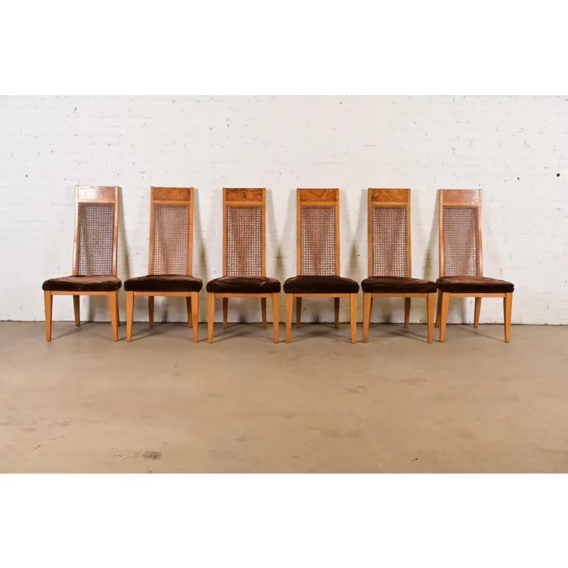 Milo Baughman Style Mid-Century Modern Burl Wood and Cane High Back Dining Chairs by Lane, Set of Six - Image 2