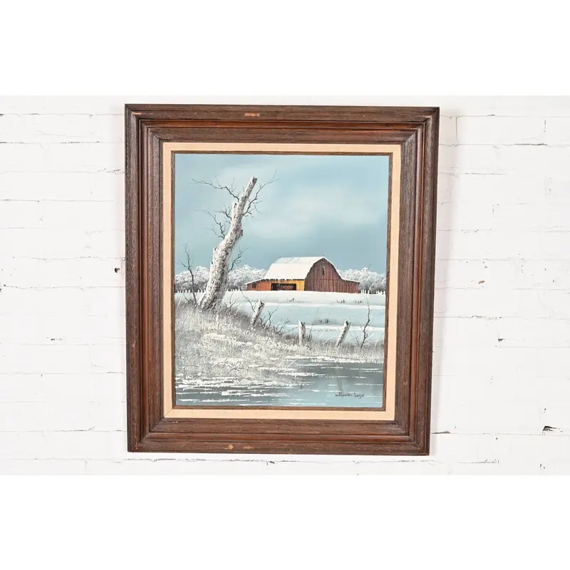 Original Artist Signed "Barn in Snowfall" Oil Painting on Canvas in Carved Wood Frame - Image 2