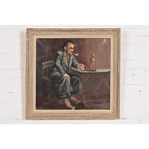 Original Signed Roberte Holly-Logeais Framed Oil Painting on Canvas of Drinking Man