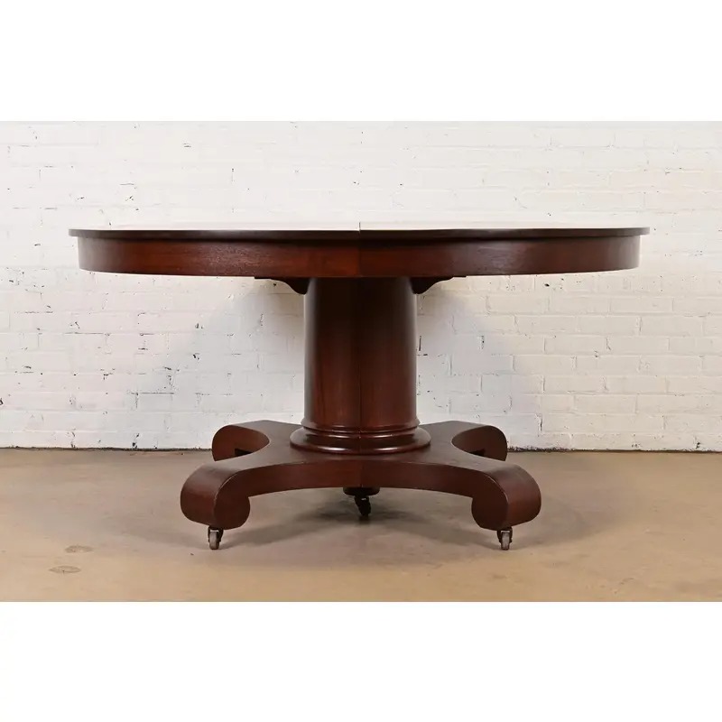 R. J. Horner Style Antique American Empire Monumental Carved Mahogany Pedestal Extension Dining Table, Newly Refinished - Image 2